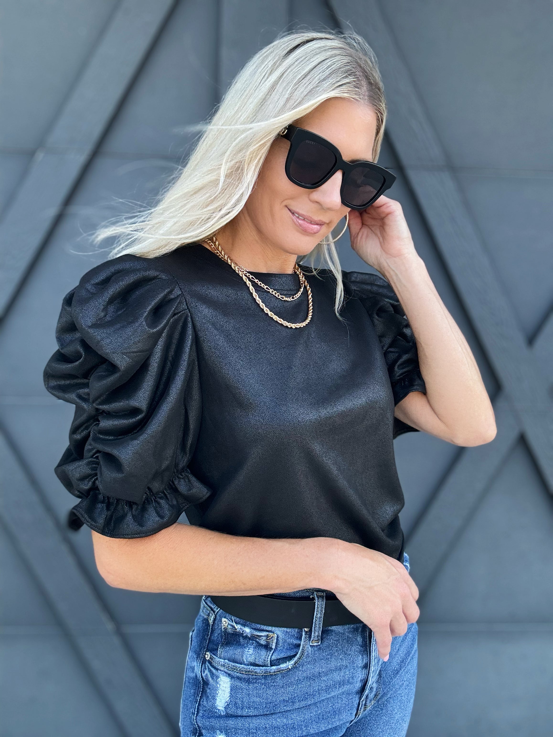Ruched Puff Sleeve Top In Black - Infinity Raine