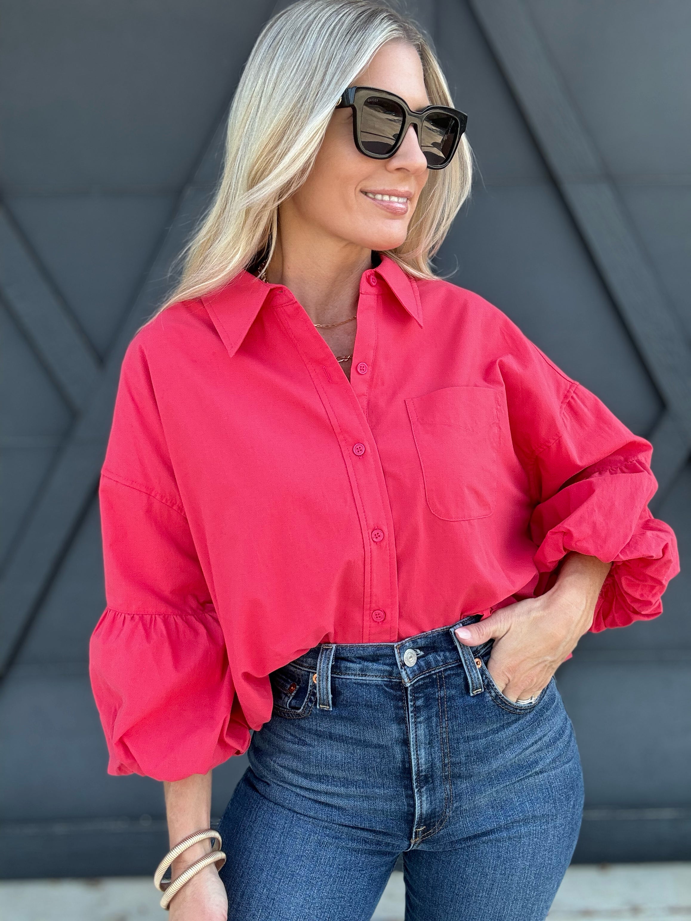 Button Down Bubble Sleeve Top In Berry Red - Infinity Raine