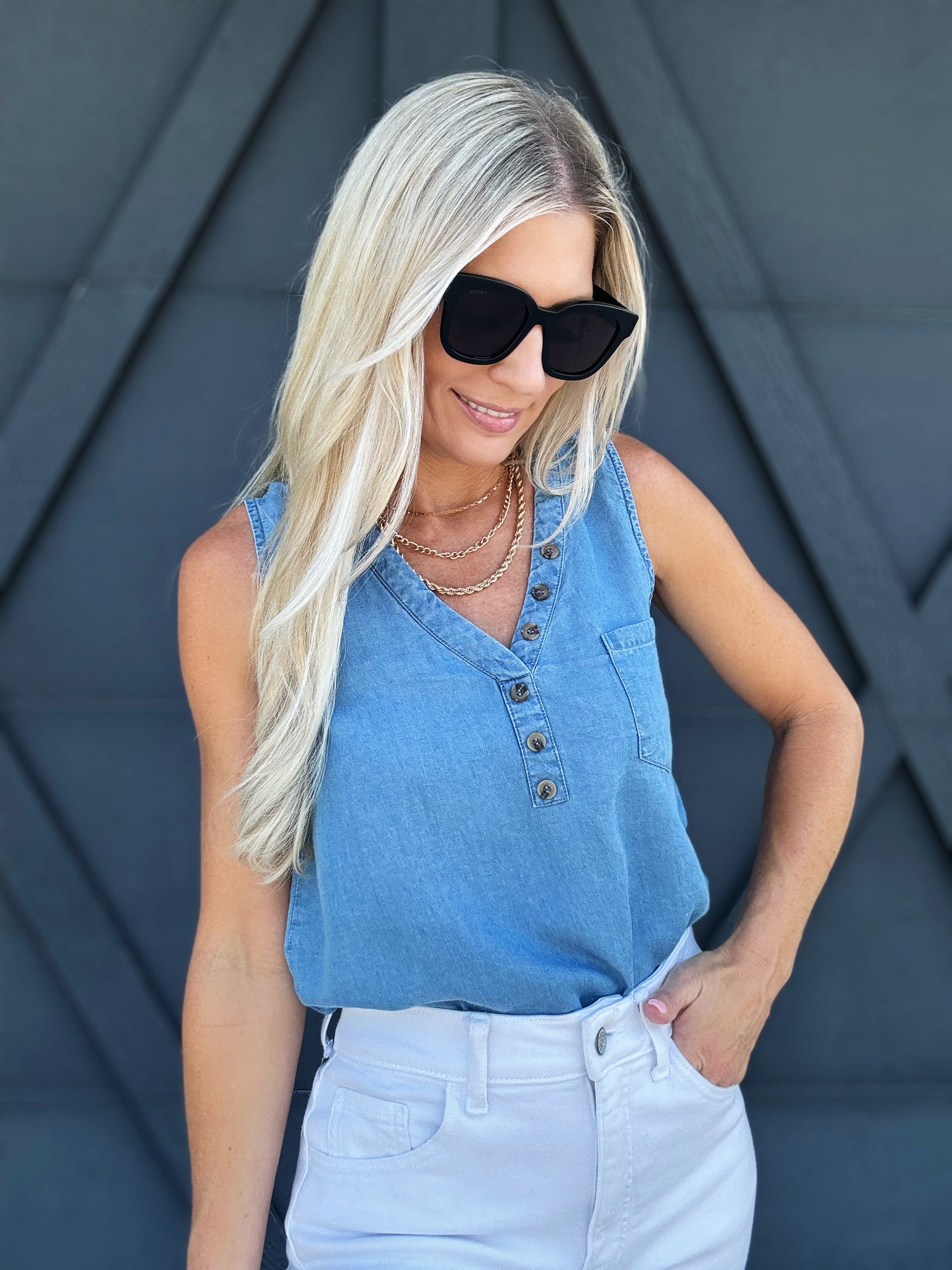 Button V- Neck Top In Chambray - Infinity Raine