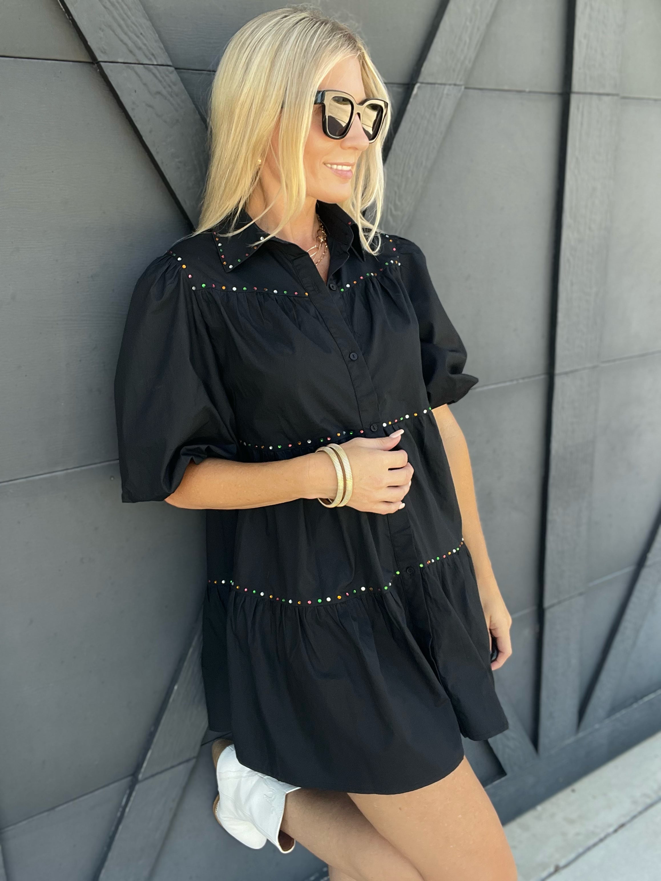 Rhinestone Cowgirl Tiered Shirt Dress In Black - Infinity Raine