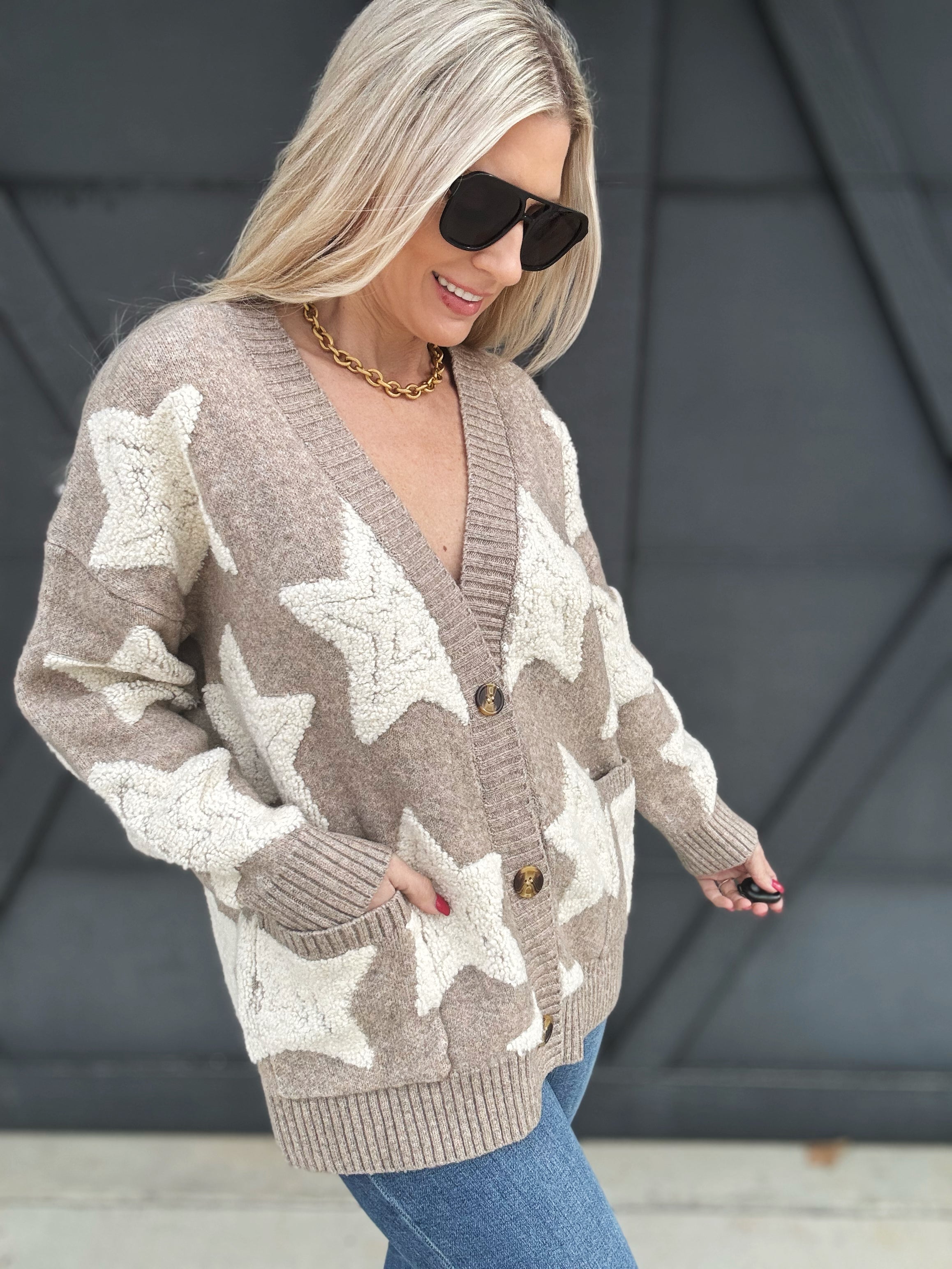 Oversized Star Sherpa Cardigan In Khaki - Infinity Raine