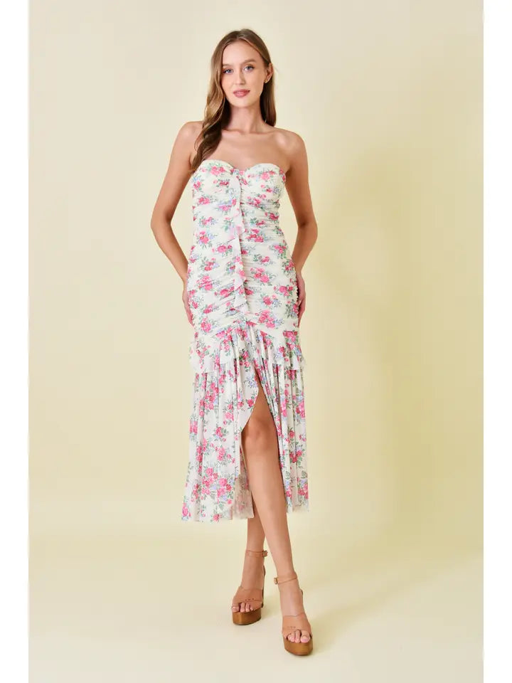 Floral Strapless Ruched Midi Dress In Cream - Infinity Raine