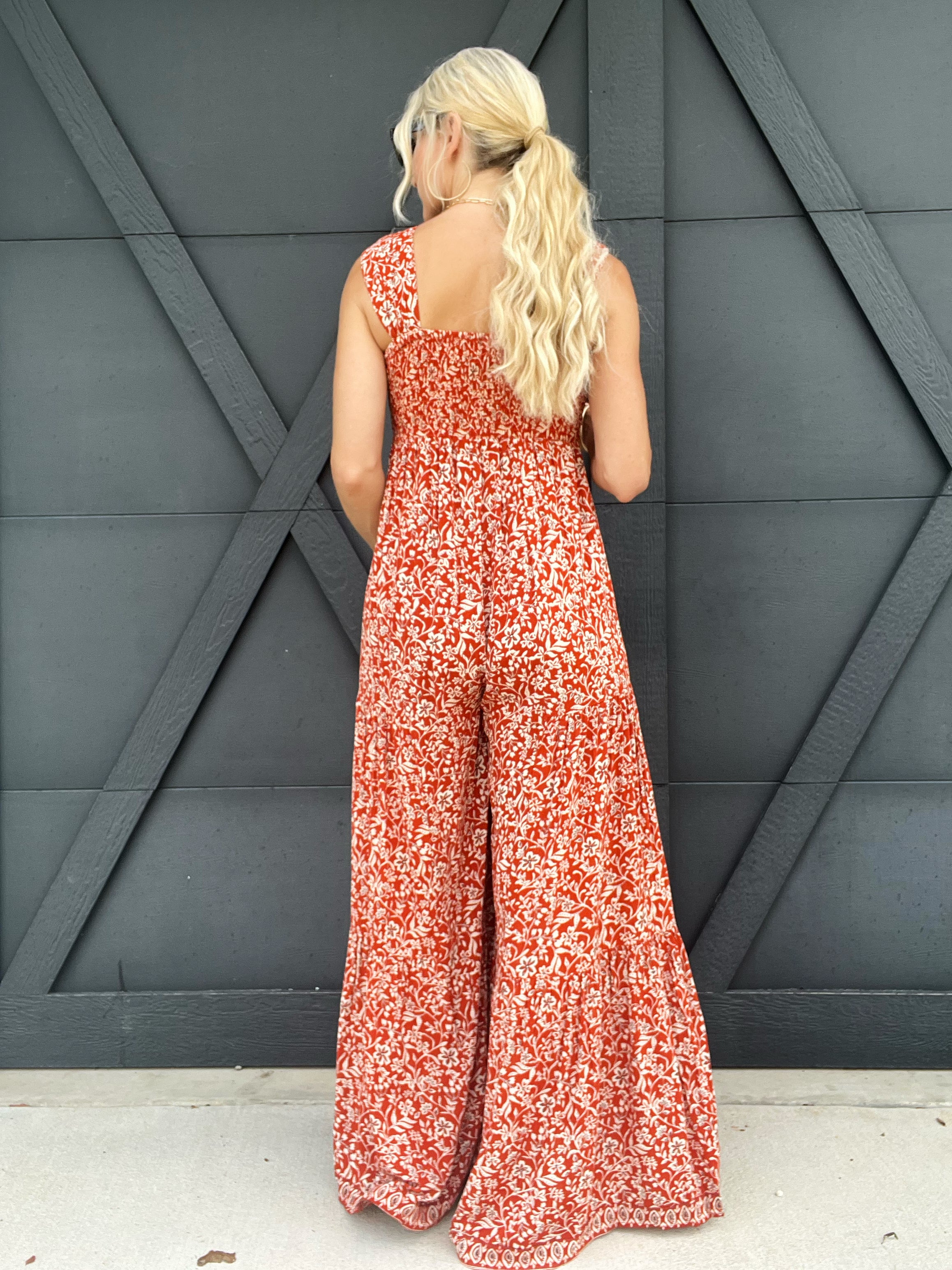 Smocked Wide Leg Jumpsuit In Clay - Infinity Raine