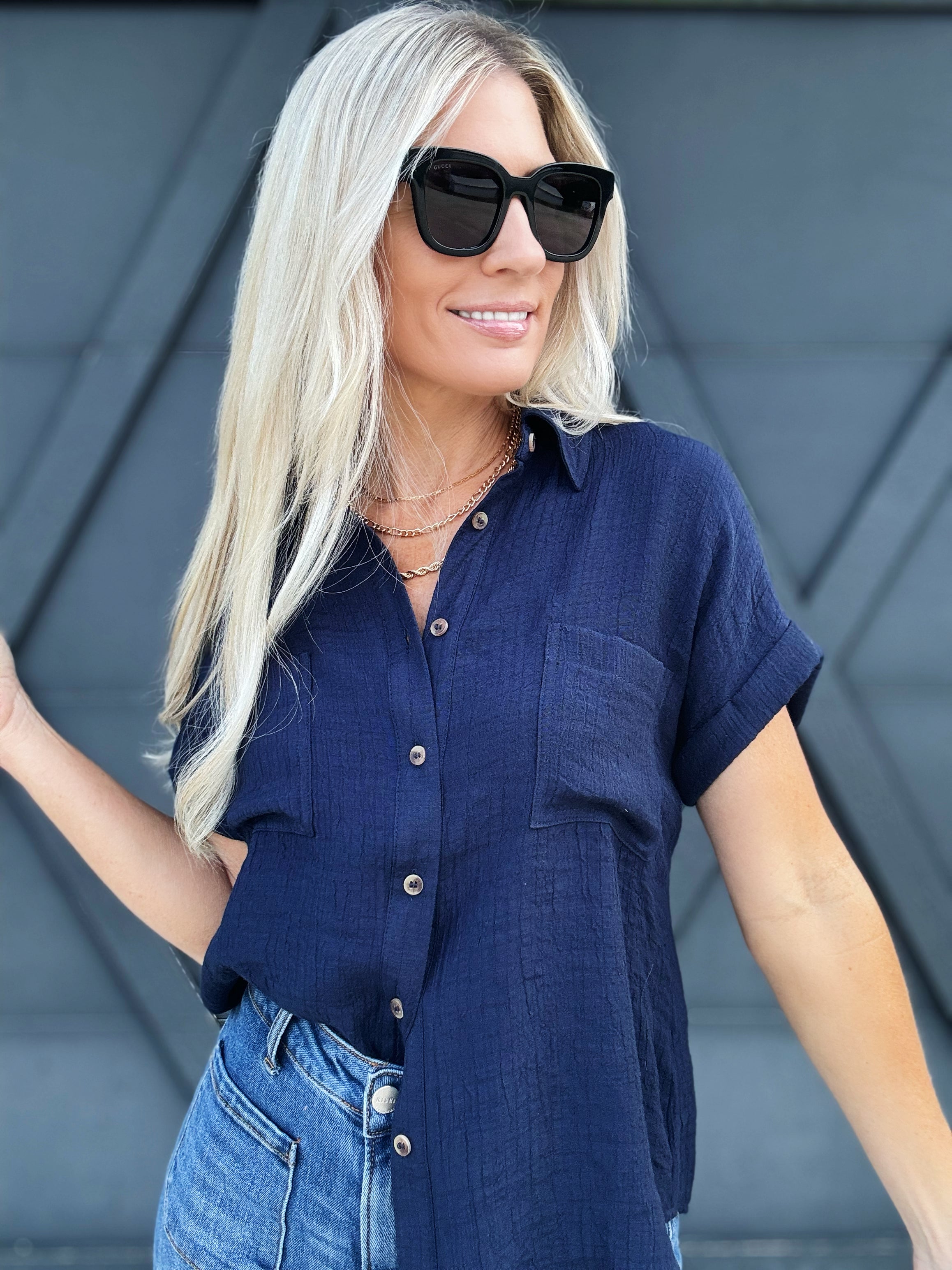 Solid Fold Sleeve Button Down In Navy - Infinity Raine