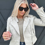 Moto Hooded Vegan Leather Jacket In Bone - Infinity Raine