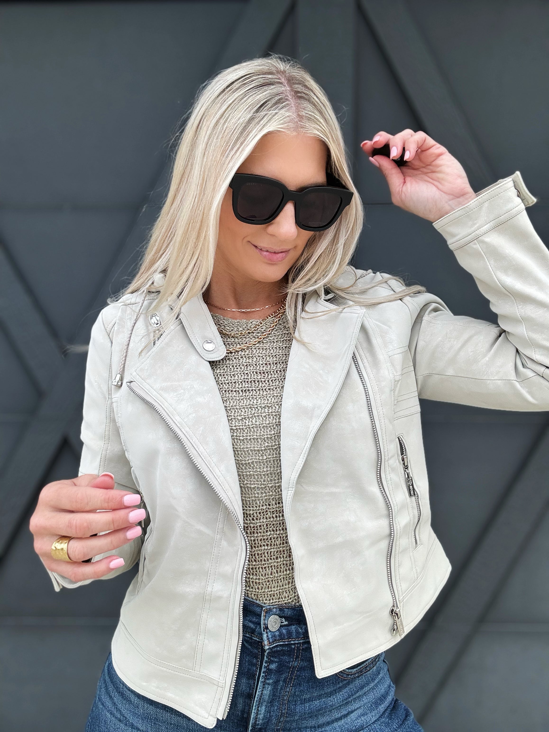 Moto Hooded Vegan Leather Jacket In Bone - Infinity Raine