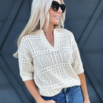 Collared Hollowed Knit Top In Apricot - Infinity Raine