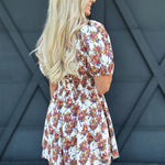 Floral And Bow Printed Puff Sleeve Dress - Infinity Raine