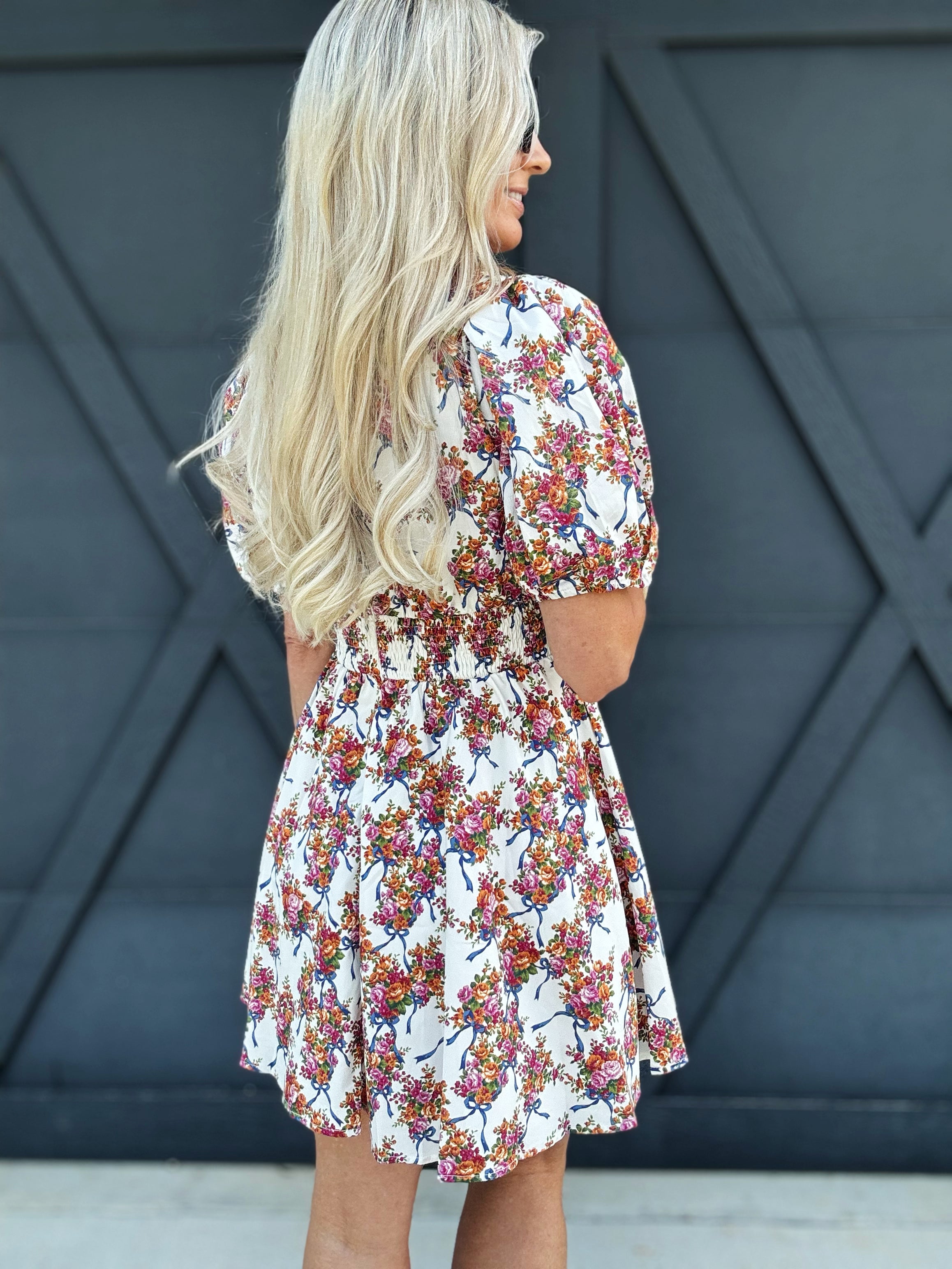 Floral And Bow Printed Puff Sleeve Dress - Infinity Raine