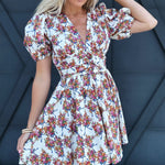 Floral And Bow Printed Puff Sleeve Dress - Infinity Raine