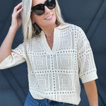 Collared Hollowed Knit Top In Apricot - Infinity Raine