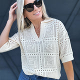 Collared Hollowed Knit Top In Apricot - Infinity Raine