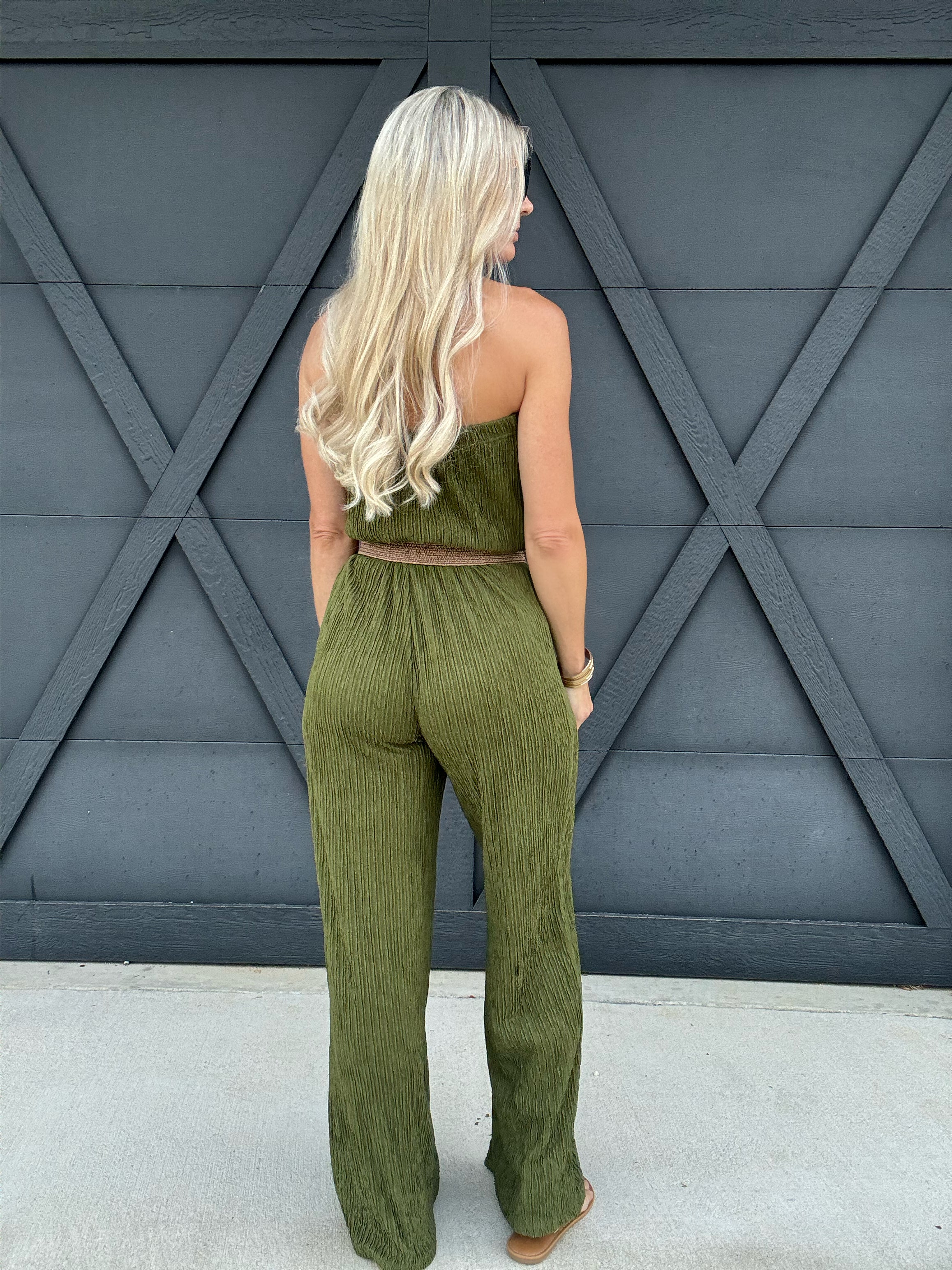 Iris Strapless Belted Wide Leg Jumpsuit In Cactus - Infinity Raine