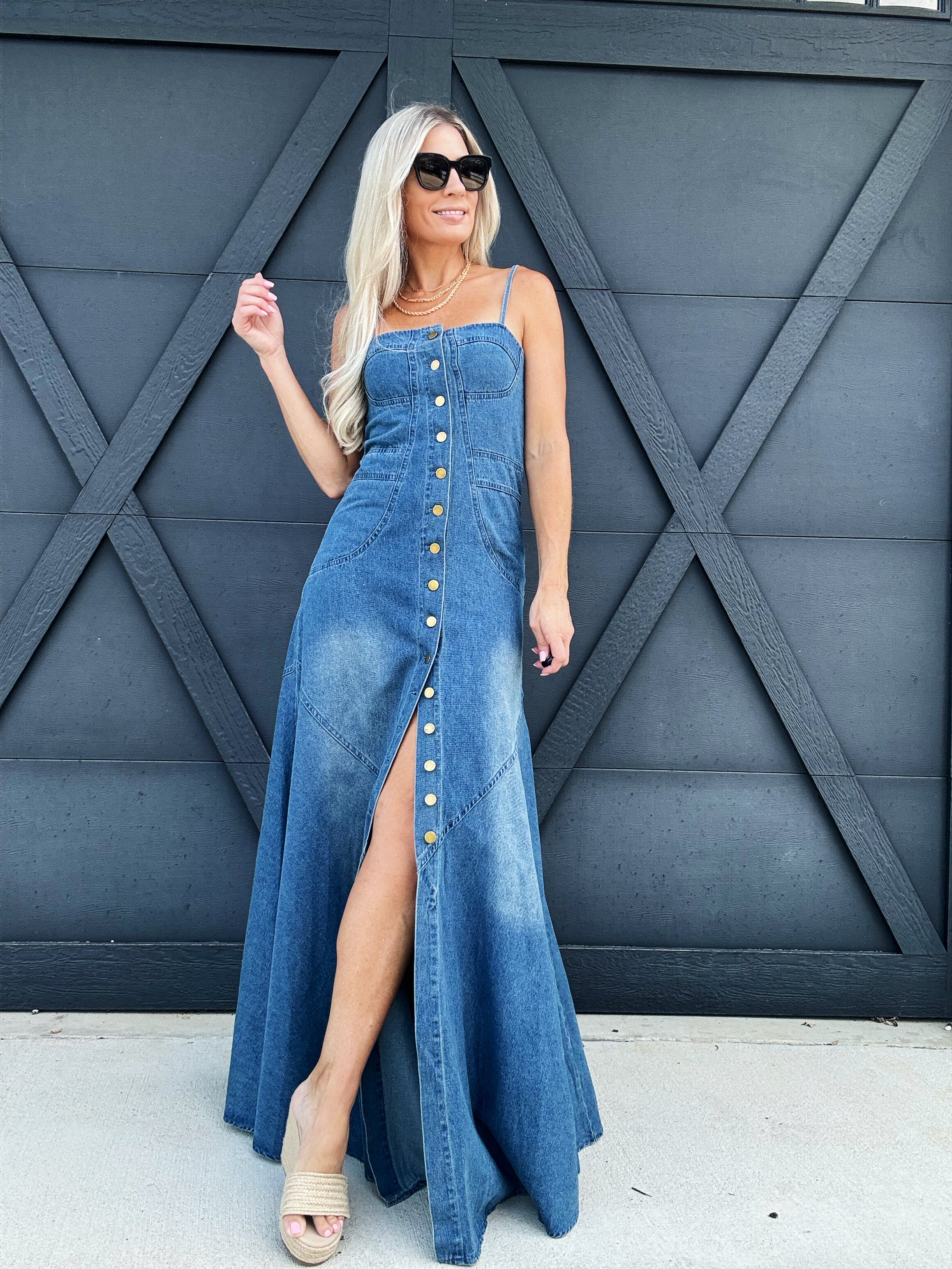 Button Down Maxi Dress In Denim - Infinity Raine