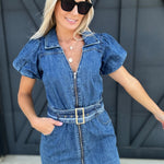 Vervet Puff Sleeve Belted Mini Dress In Denim Blue - Infinity Raine