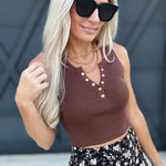 Snap Button Knit Crop Top In Brown - Infinity Raine