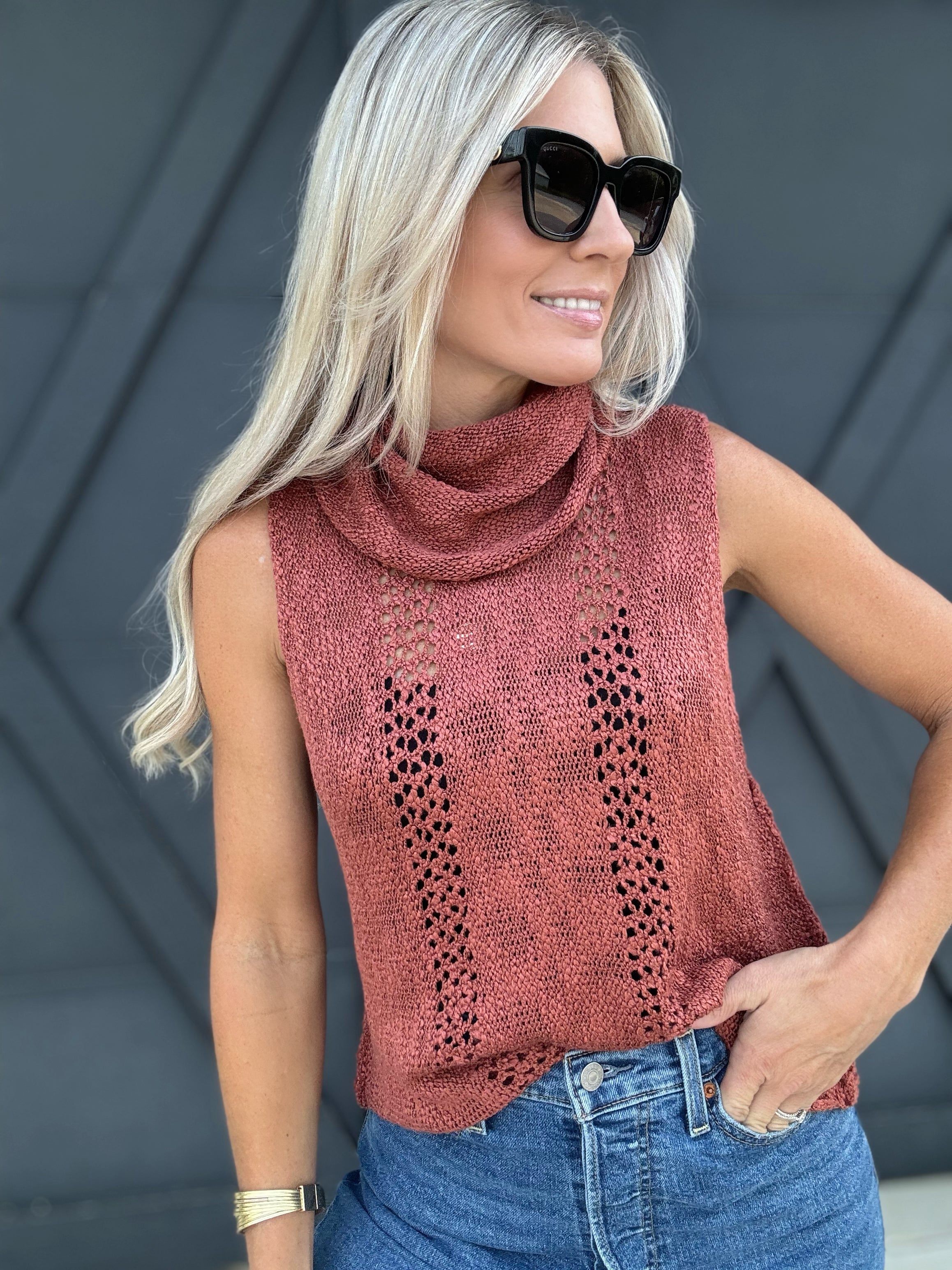 Cowl Neck Knit Tank Top In Rust - Infinity Raine