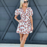 Floral And Bow Printed Puff Sleeve Dress - Infinity Raine