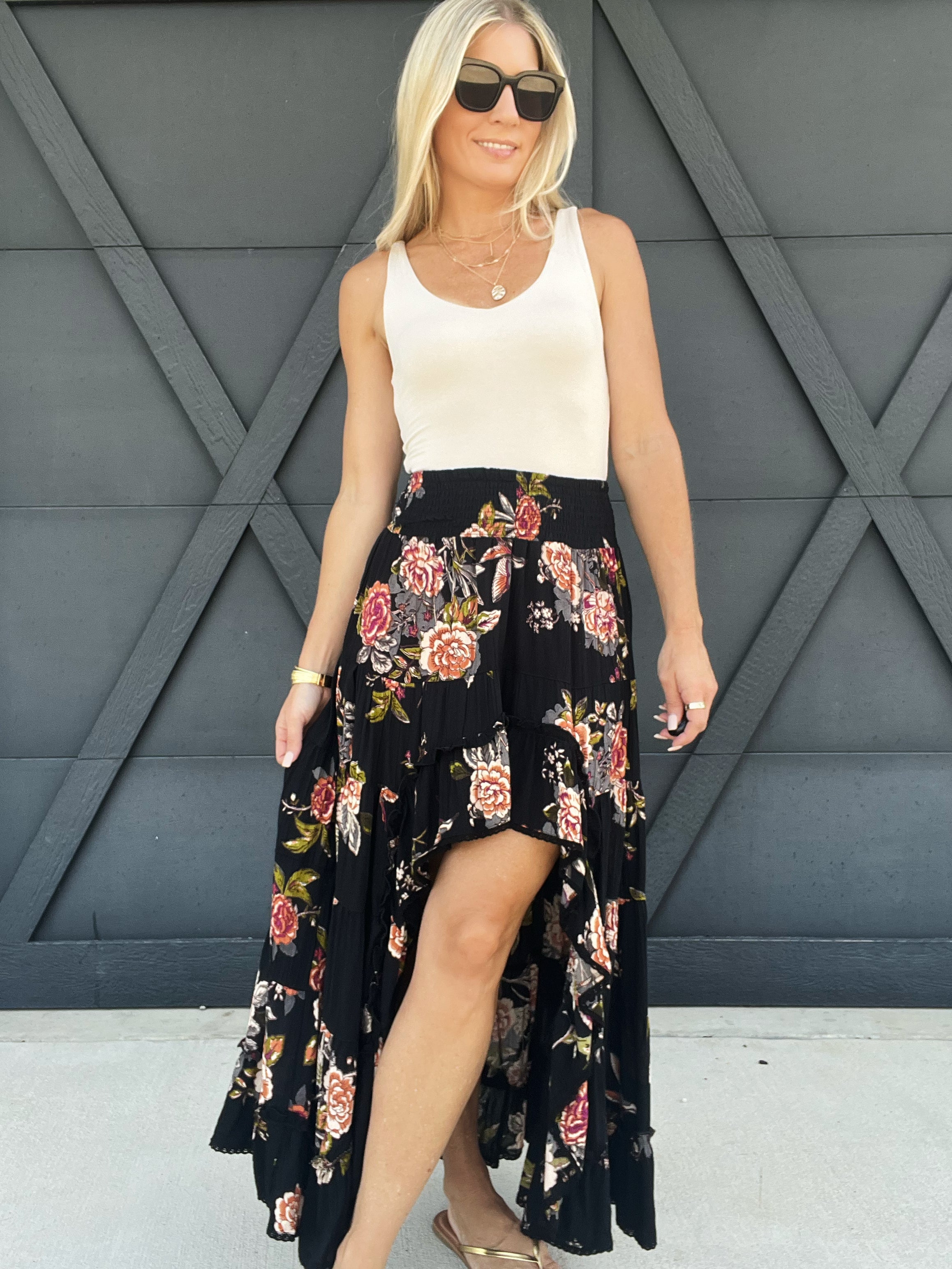 Floral High Low Skirt In Black - Infinity Raine
