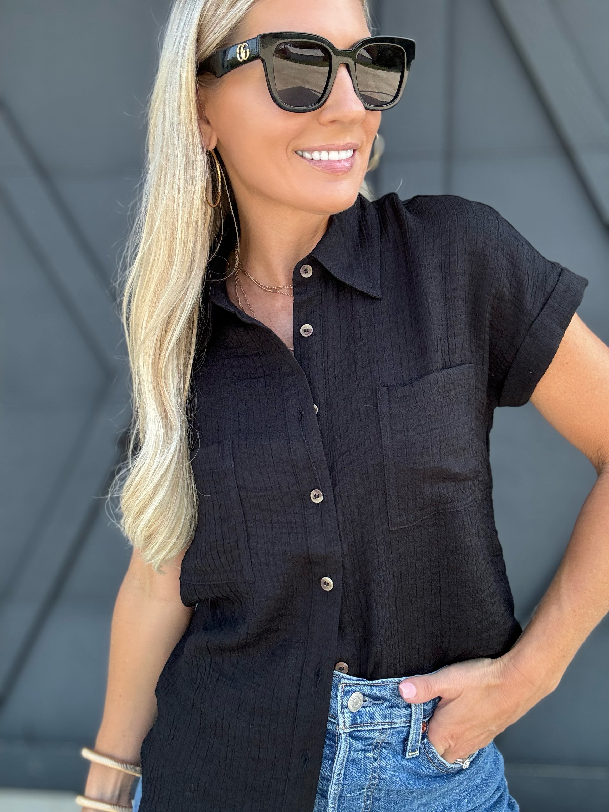 Solid Fold Sleeve Button Down In Black - Infinity Raine