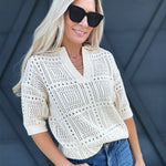 Collared Hollowed Knit Top In Apricot - Infinity Raine