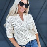 Collared Hollowed Knit Top In Apricot - Infinity Raine