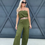 Iris Strapless Belted Wide Leg Jumpsuit In Cactus - Infinity Raine