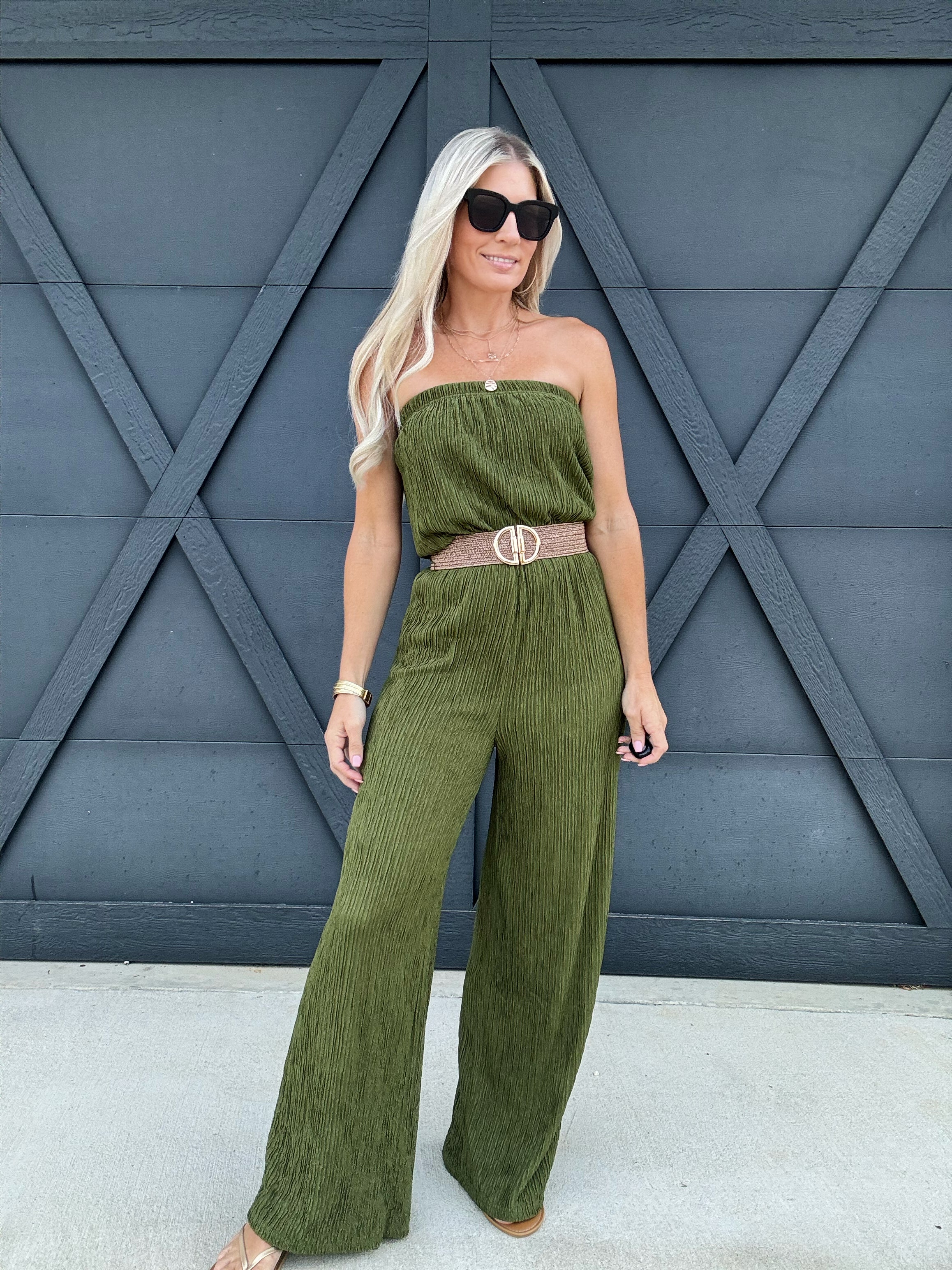 Iris Strapless Belted Wide Leg Jumpsuit In Cactus - Infinity Raine