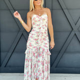 Floral Strapless Ruched Midi Dress In Cream - Infinity Raine