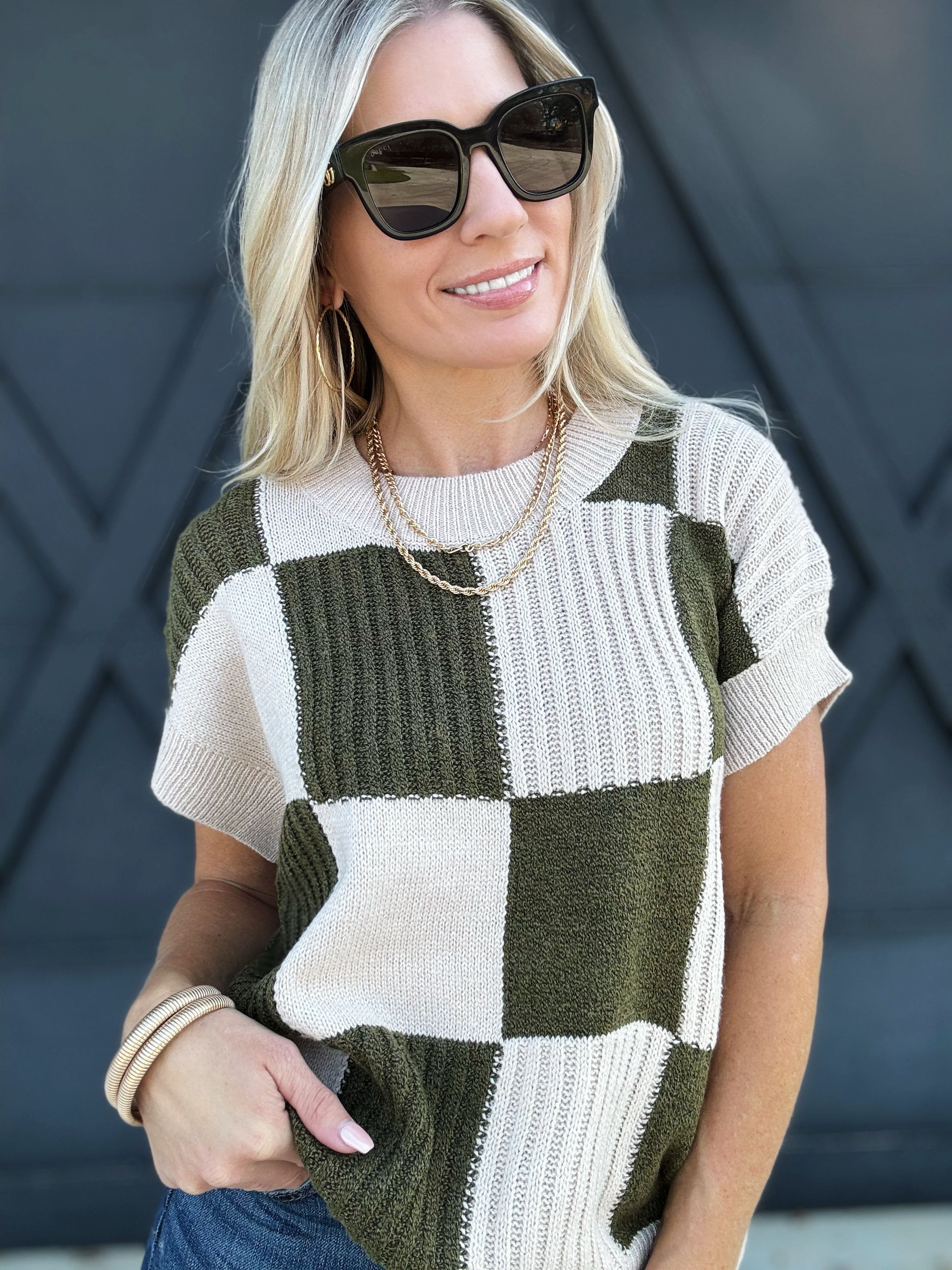 Check Plaid Casual Sweater Top In Olive - Infinity Raine