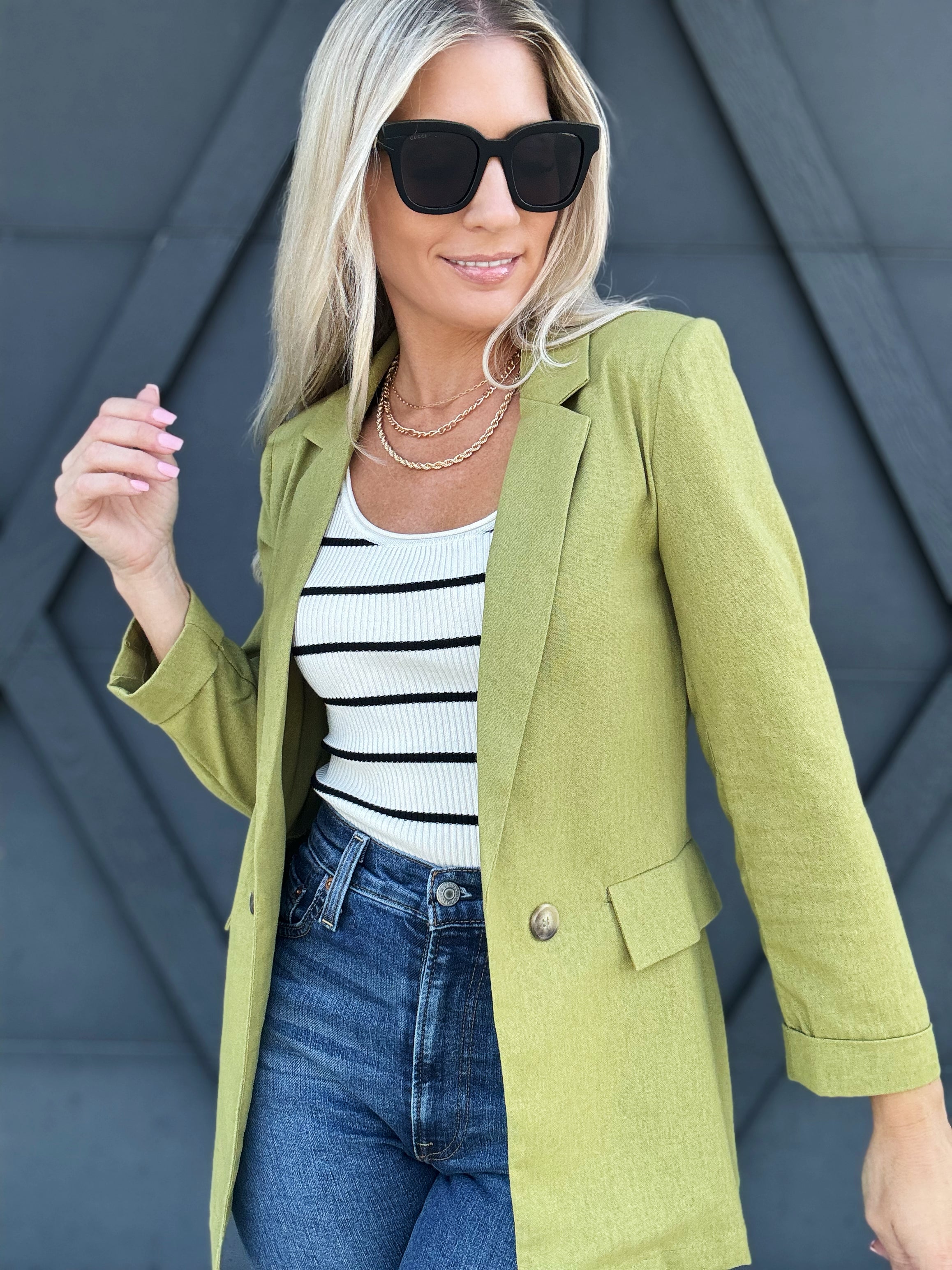 3/4 Sleeve Collared Blazer In Kiwi - Infinity Raine