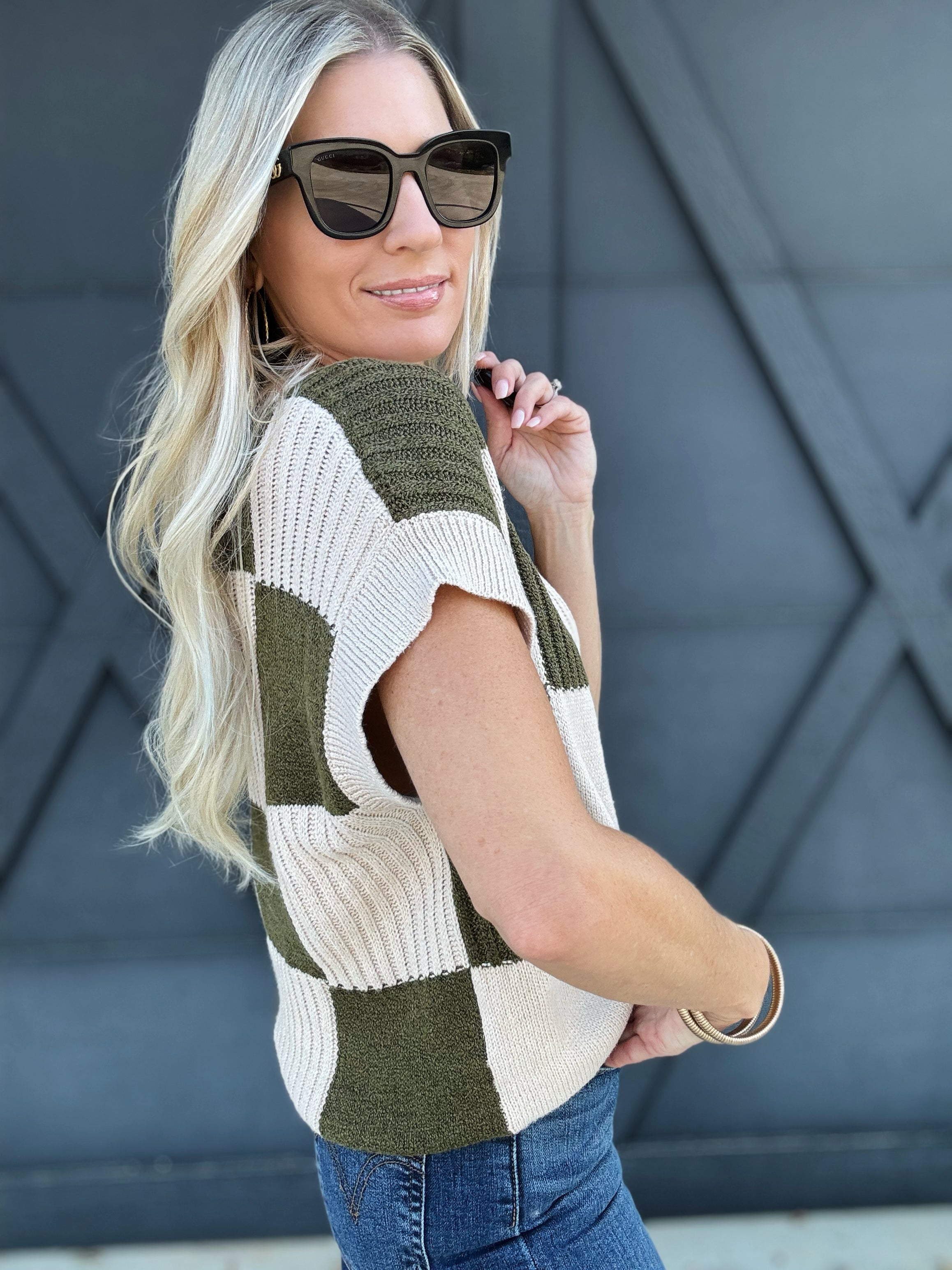 Check Plaid Casual Sweater Top In Olive - Infinity Raine