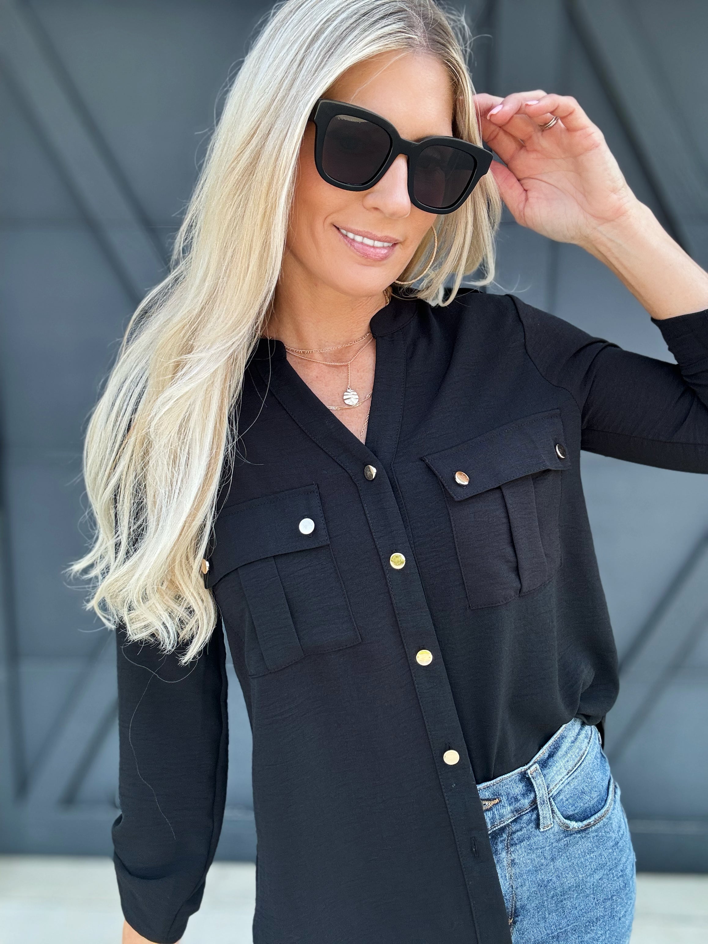 Gold Snap Blouse In Black - Infinity Raine