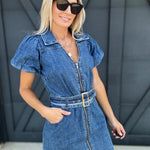 Vervet Puff Sleeve Belted Mini Dress In Denim Blue - Infinity Raine