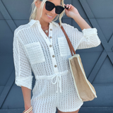 Textured Knit Coverup Romper In Off White - Infinity Raine