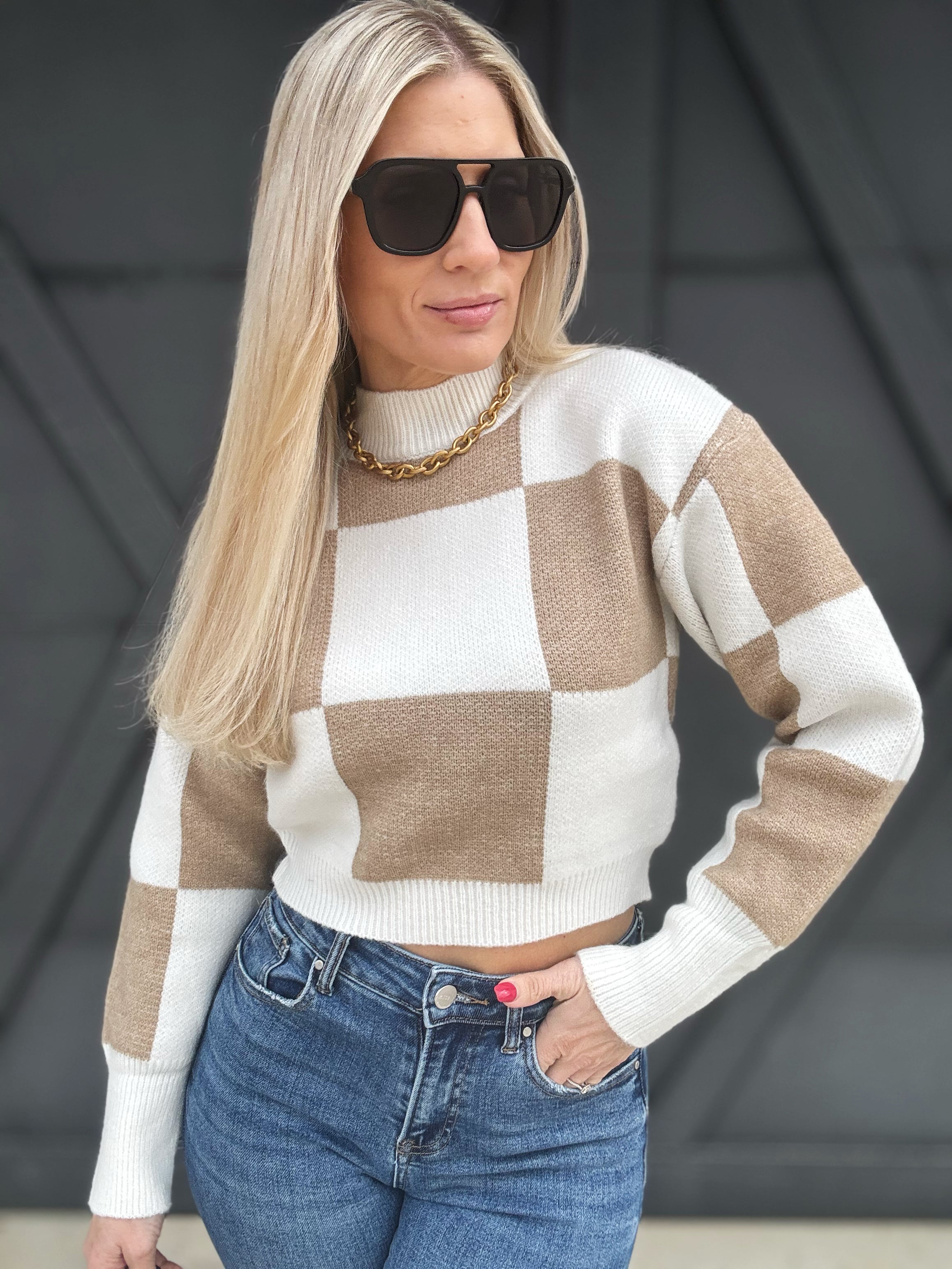 Checkerboard Crop Sweater In Taupe - Infinity Raine