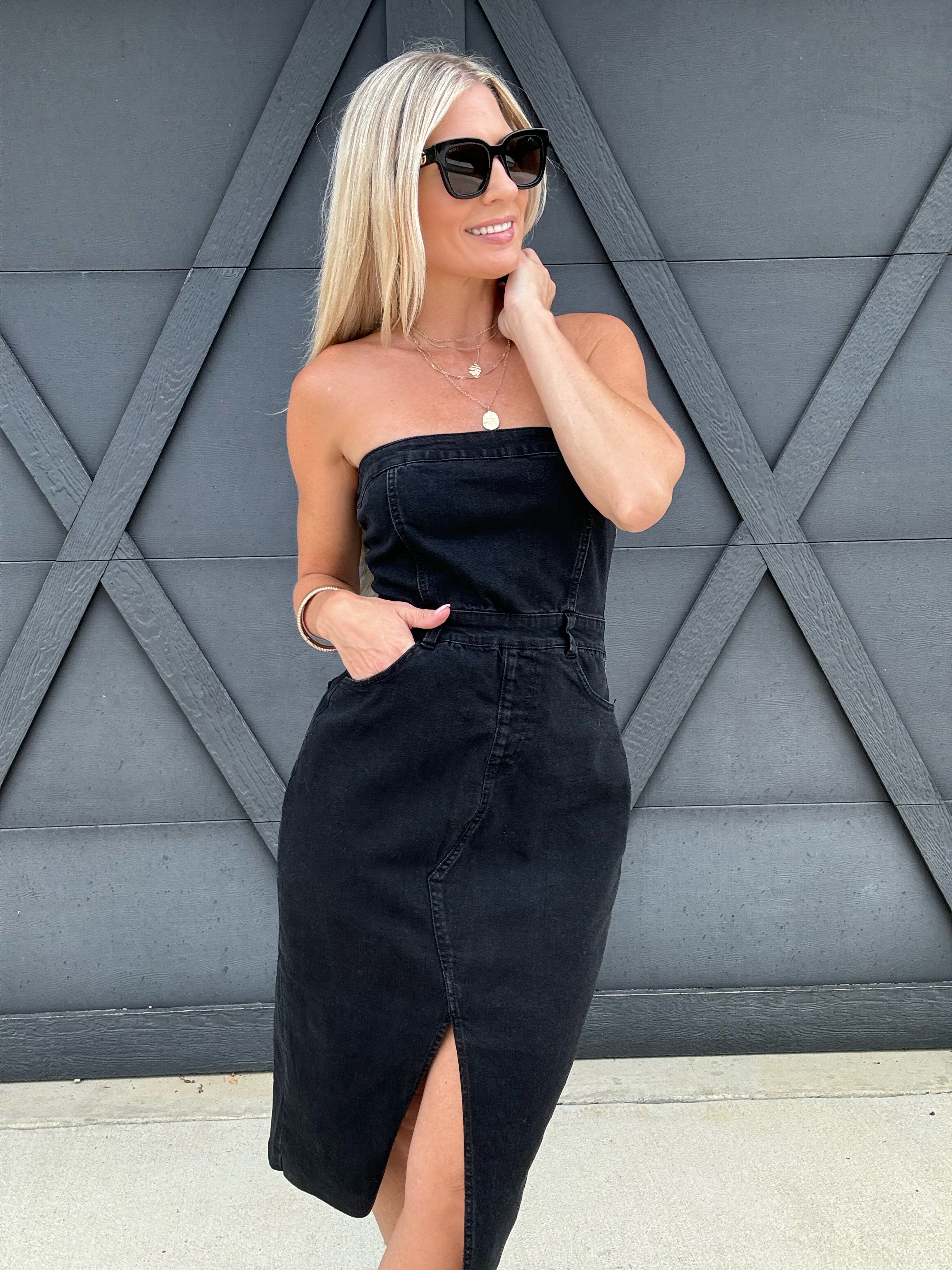 Strapless Denim Midi Dress In Black - Infinity Raine