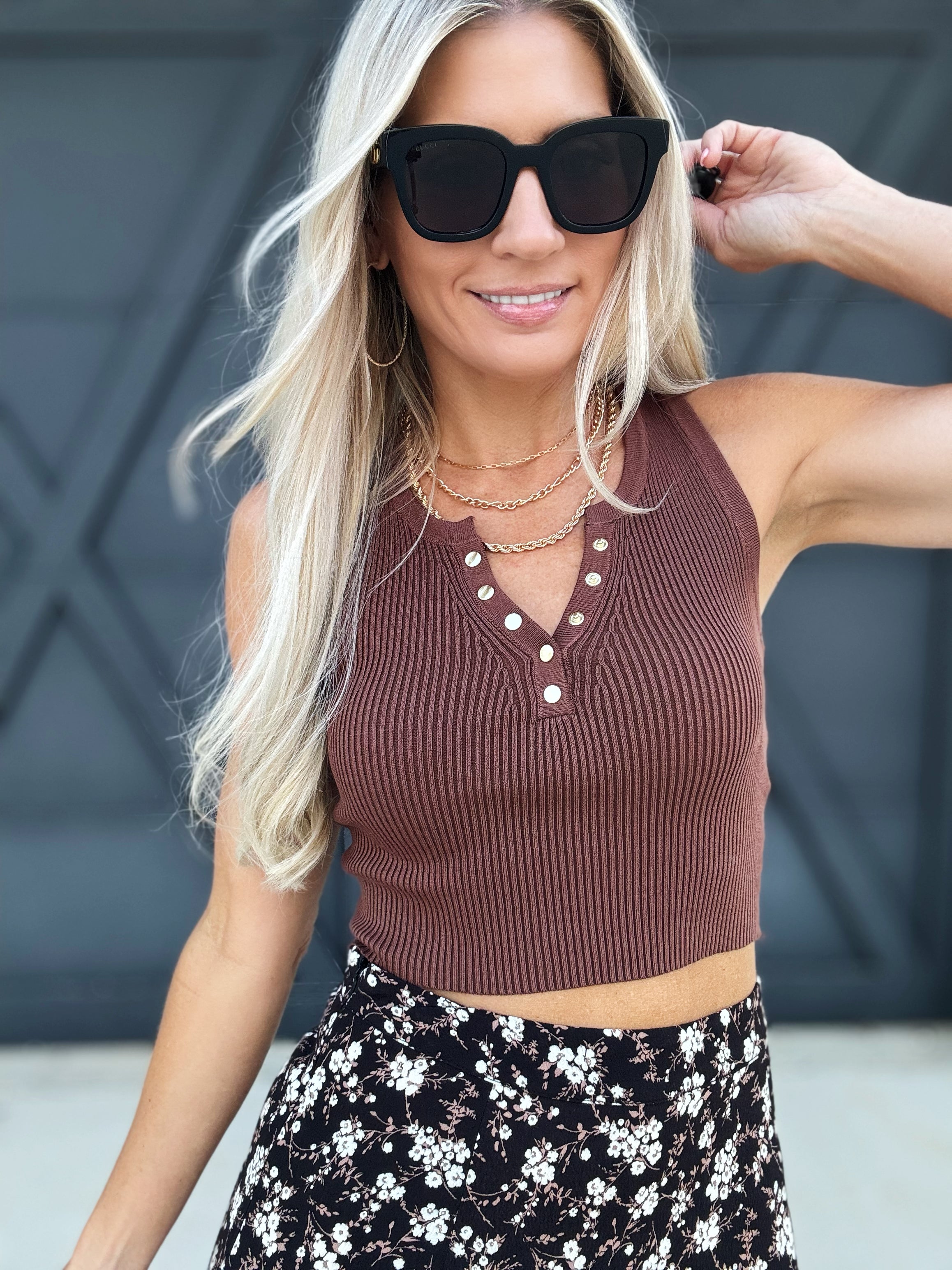 Snap Button Knit Crop Top In Brown - Infinity Raine