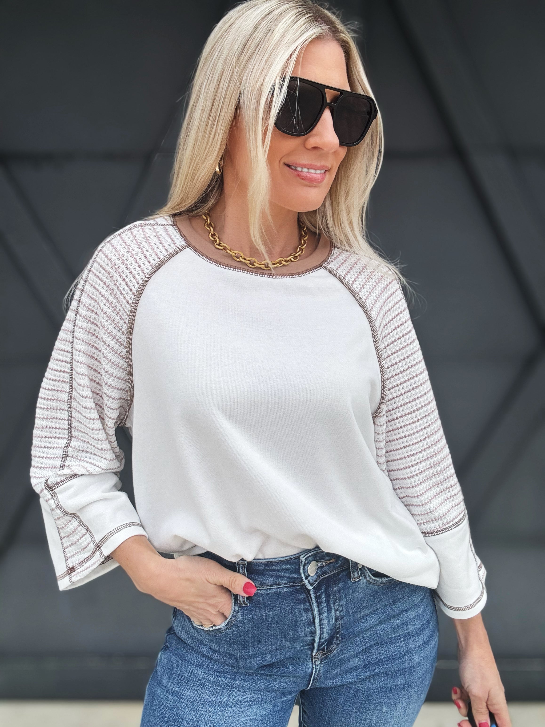 Stripe Raglan Sleeve Top In White - Infinity Raine