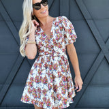 Floral And Bow Printed Puff Sleeve Dress - Infinity Raine