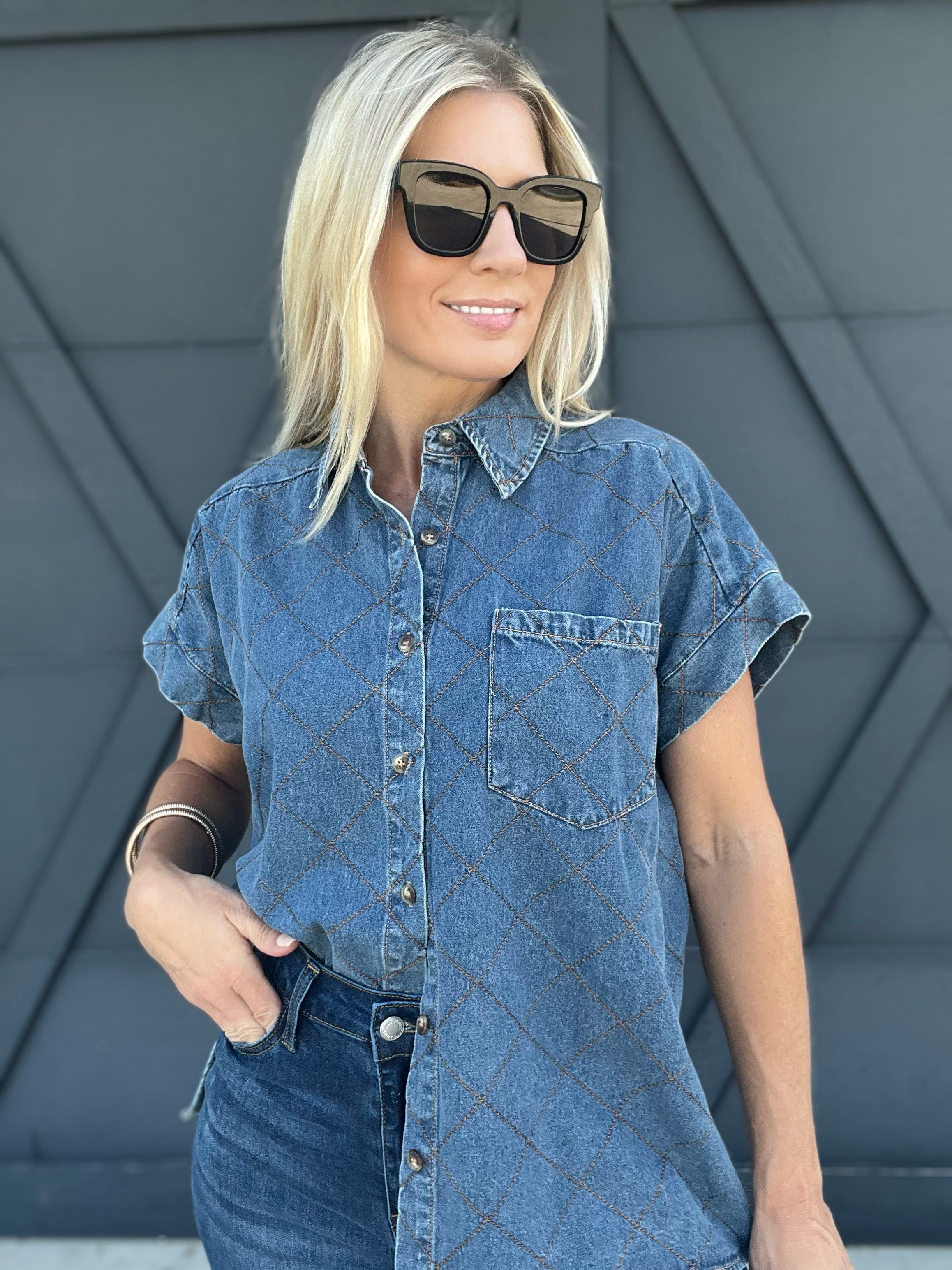 Stitched Denim Button Down Top - Infinity Raine