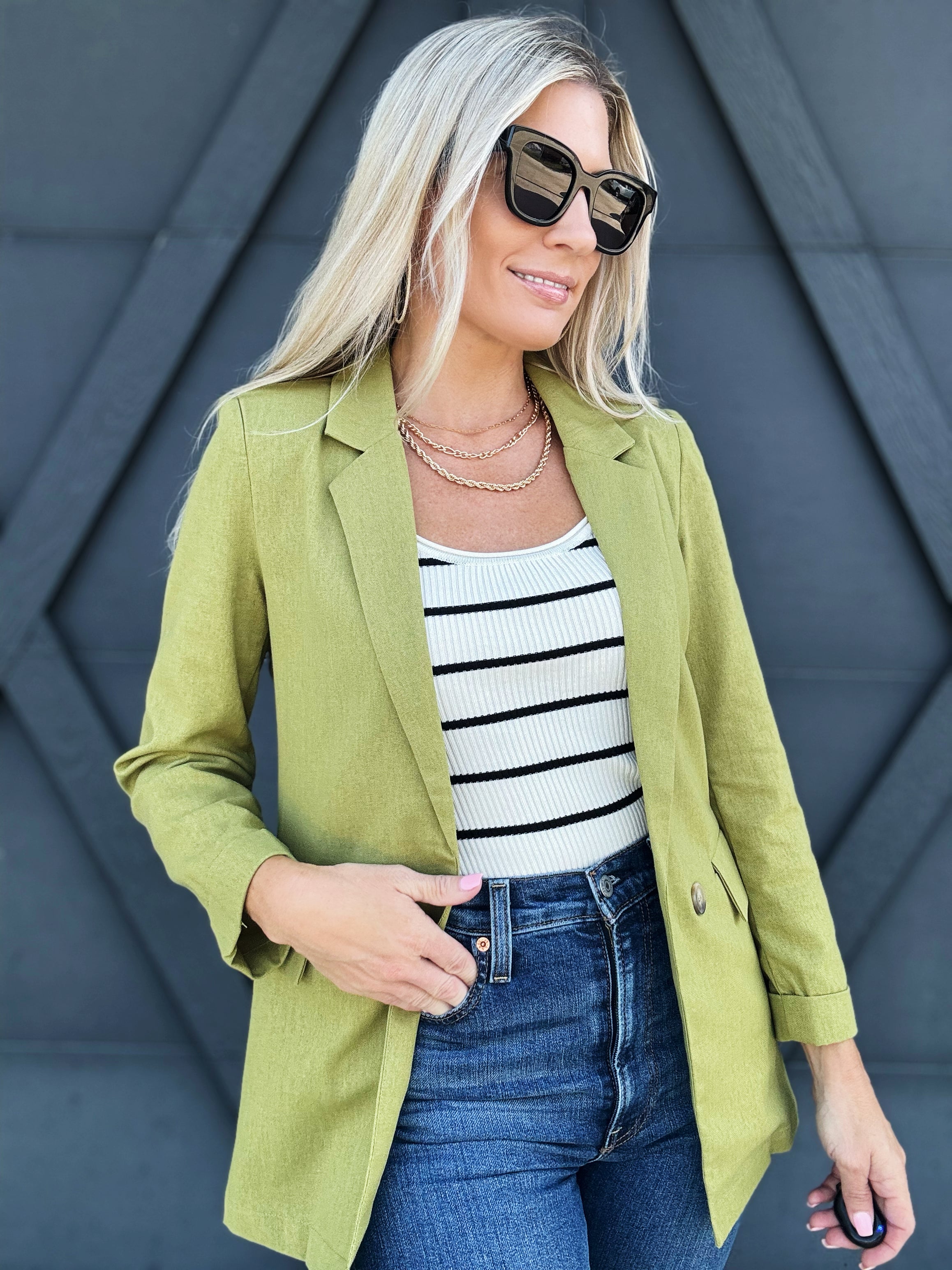 3/4 Sleeve Collared Blazer In Kiwi - Infinity Raine