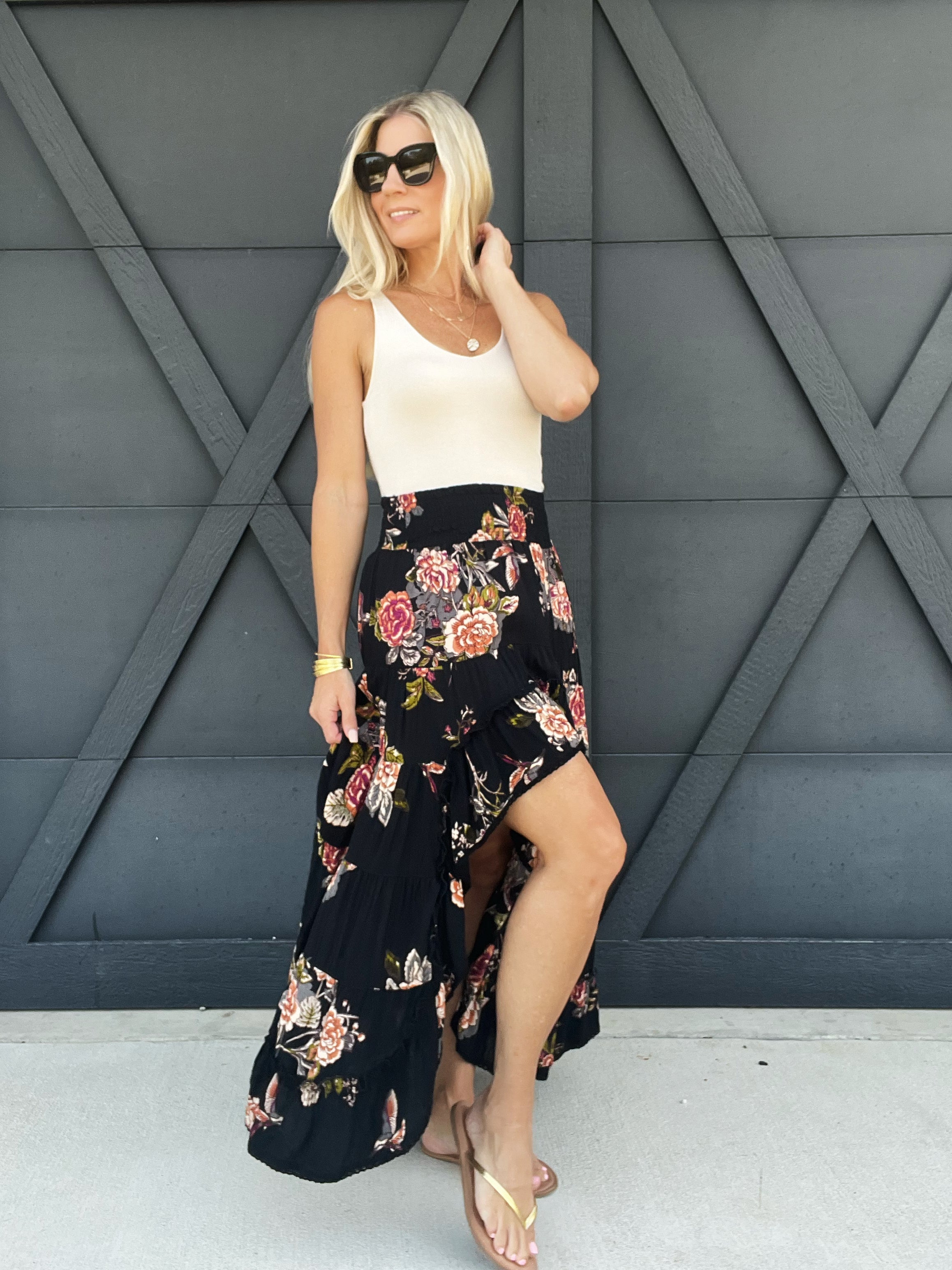 Floral High Low Skirt In Black - Infinity Raine