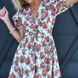 Floral And Bow Printed Puff Sleeve Dress - Infinity Raine