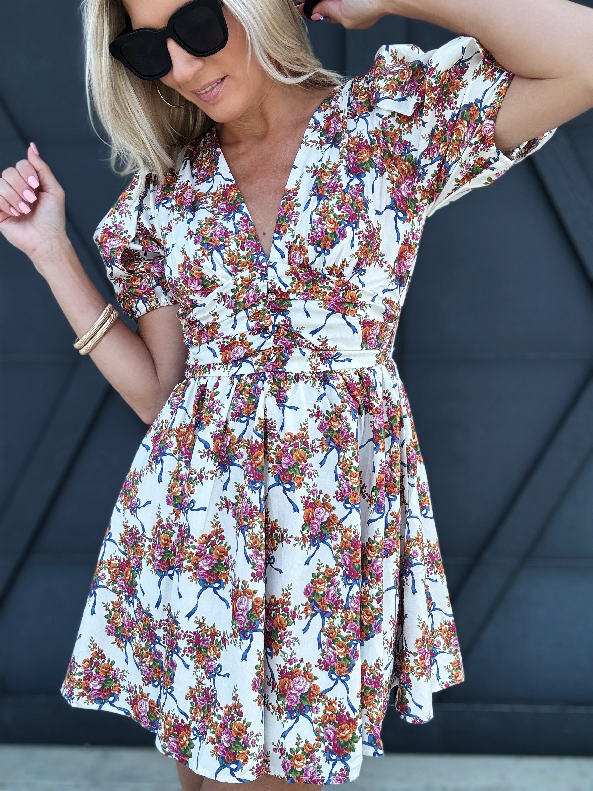 Floral And Bow Printed Puff Sleeve Dress - Infinity Raine