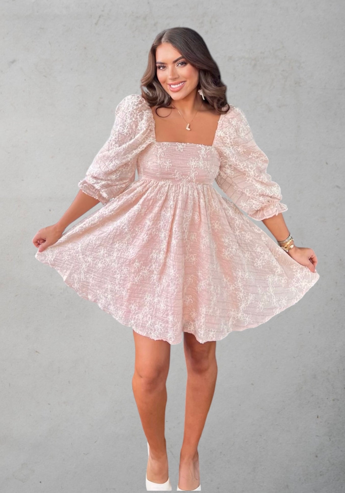 Floral Embroidered Baby Doll Mini Dress in Light Pink - Infinity Raine