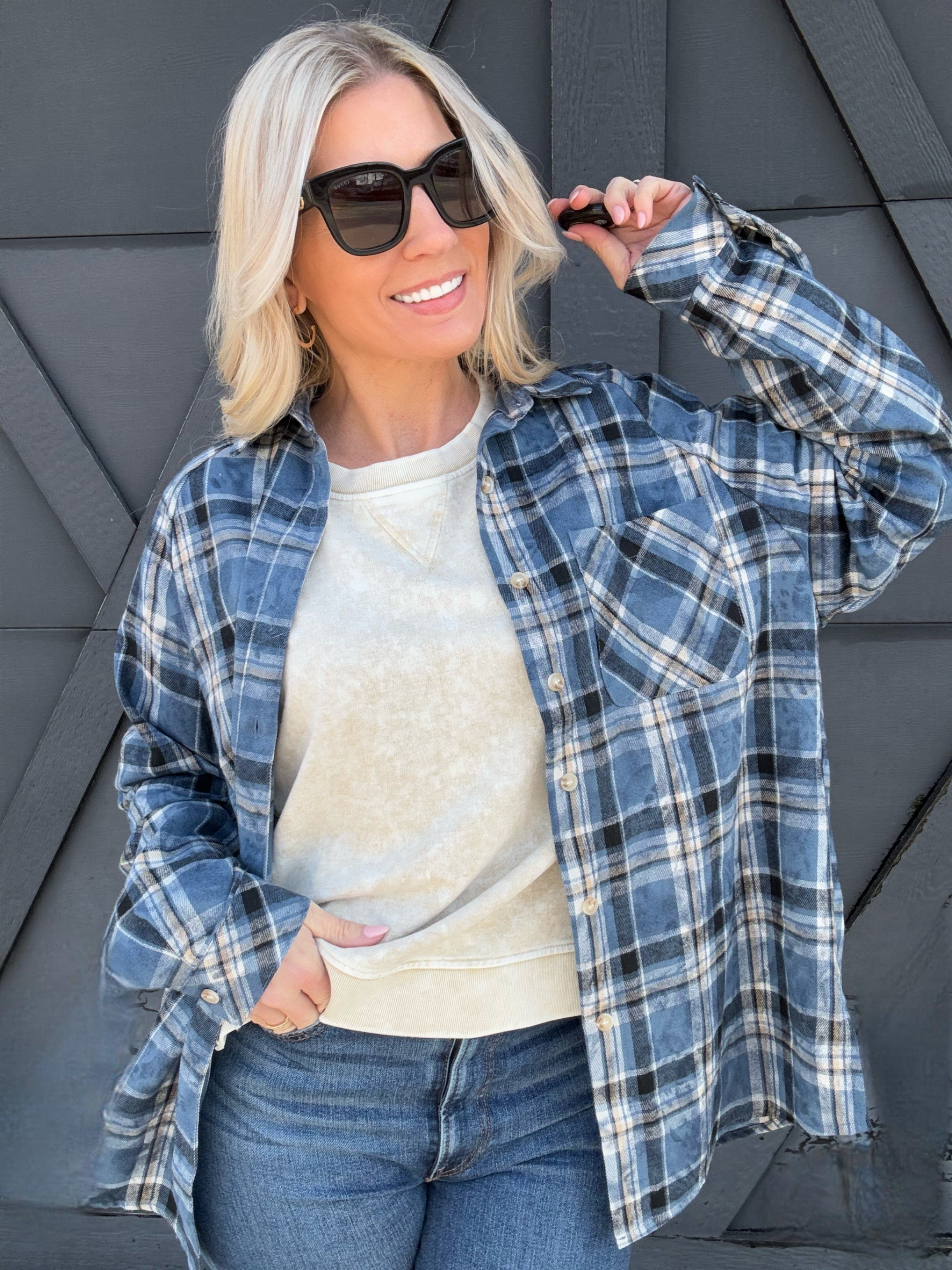 AEMI+CO Tops - Blouses Laura Acid Wash Flannel Shirt In Blue