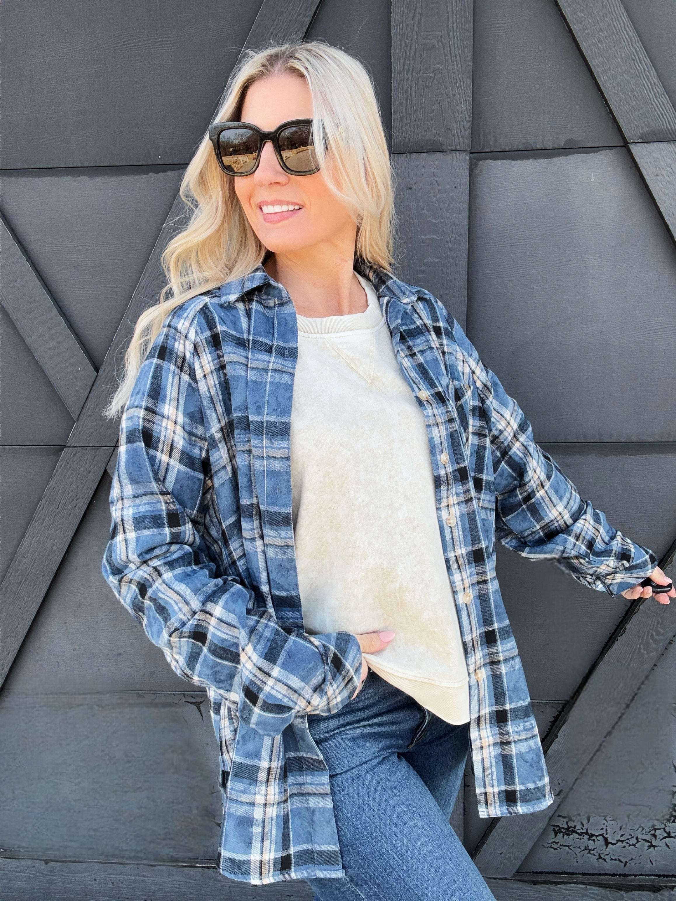 Laura Acid Wash Flannel Shirt In Blue - Infinity Raine