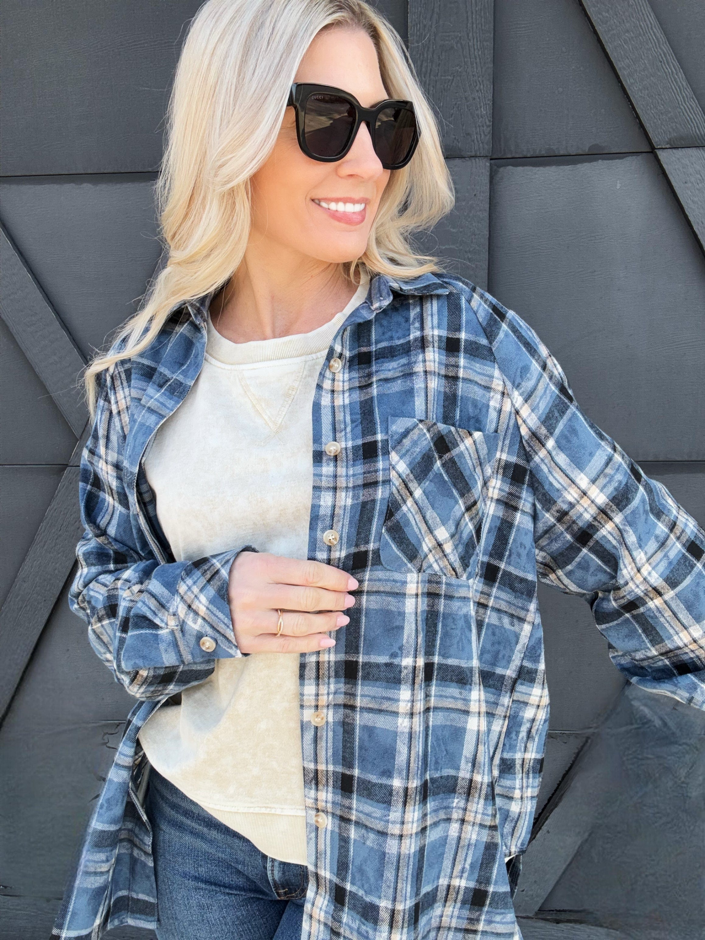 AEMI+CO Tops - Blouses Laura Acid Wash Flannel Shirt In Blue