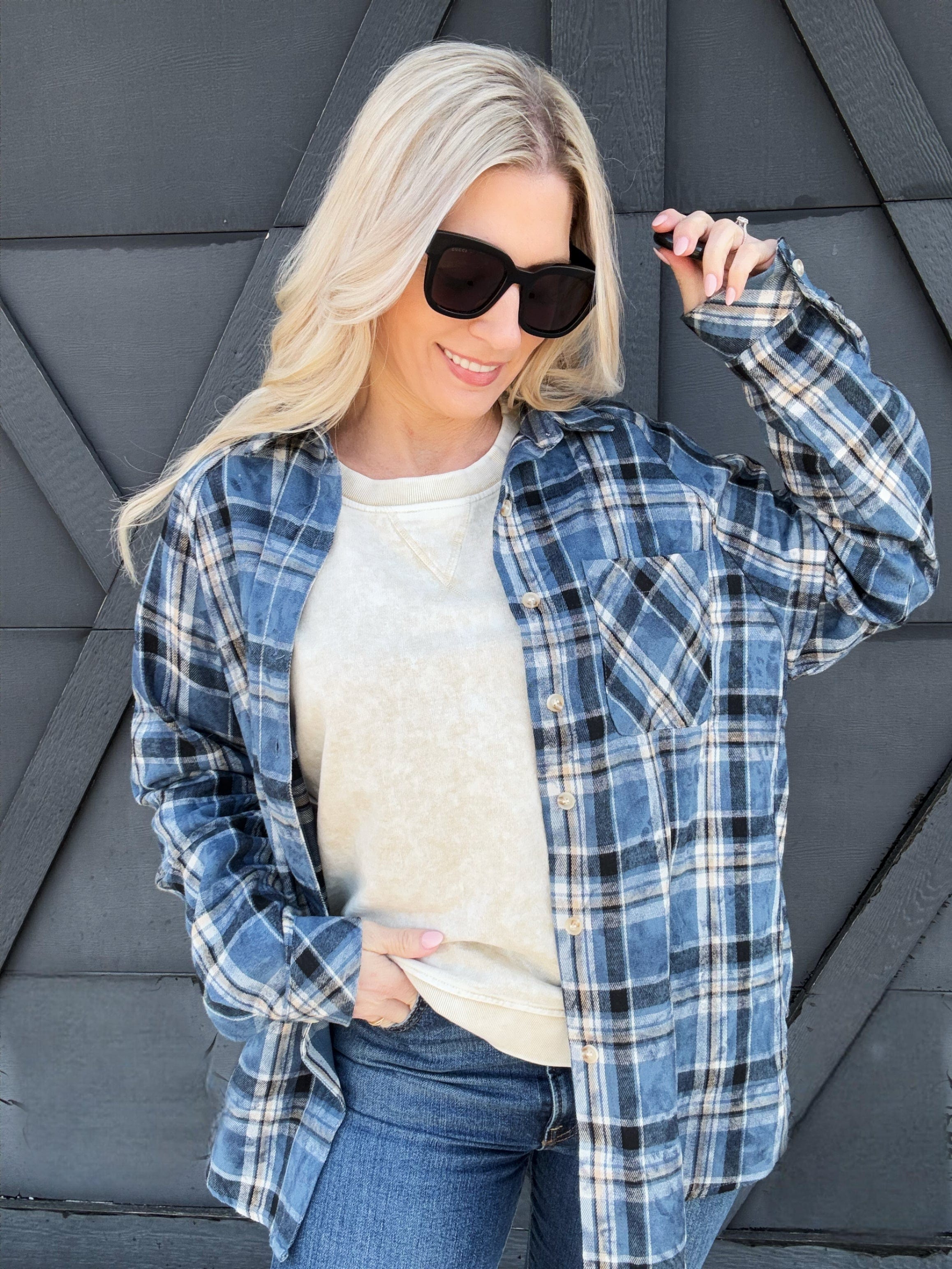 Laura Acid Wash Flannel Shirt In Blue - Infinity Raine